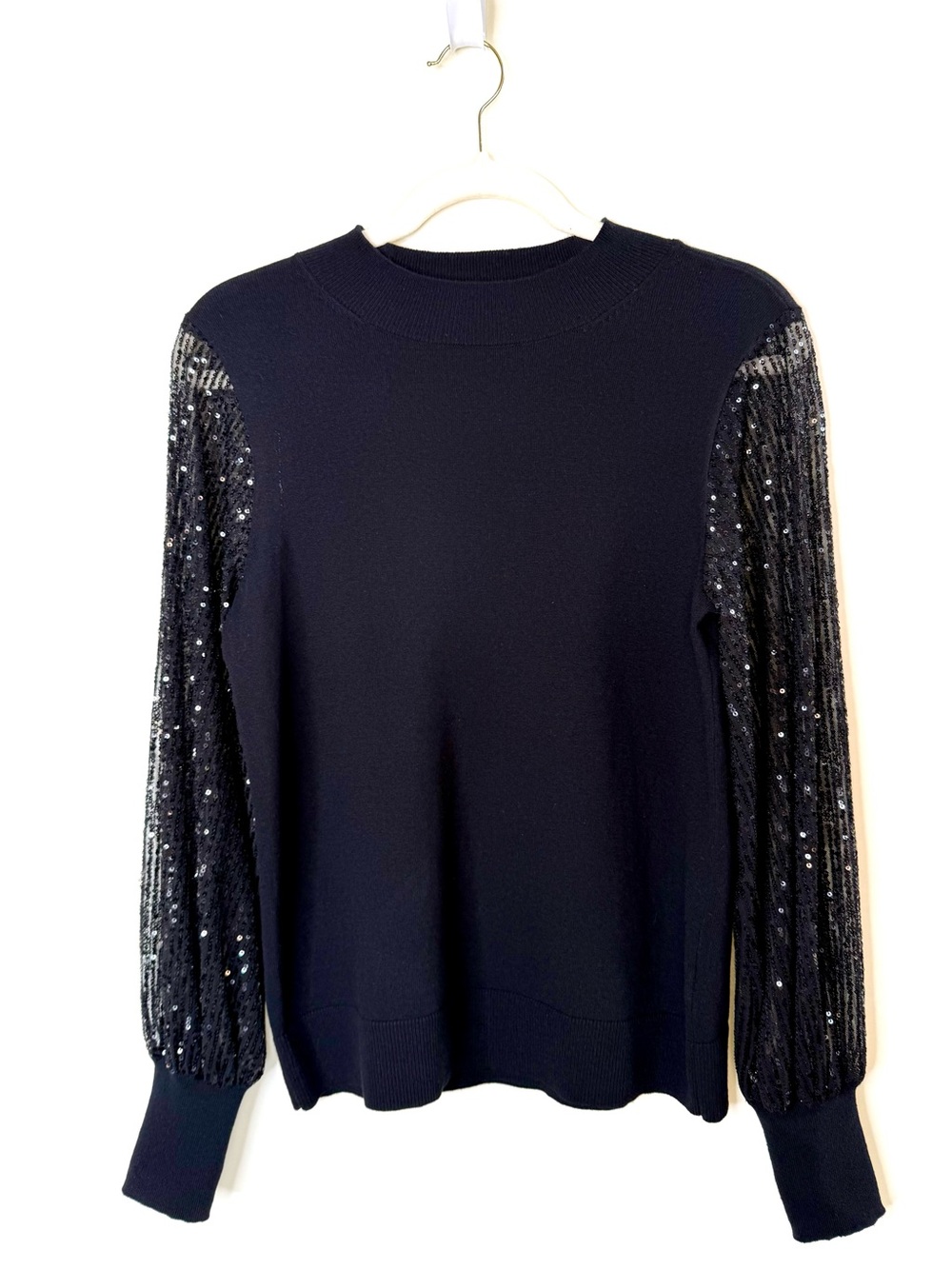 CeCe Sheer-Sequin-Sleeve Mock-Neck Cotton Sweater Rich Black - Size XS (NWOT) - Picture 6 of 10